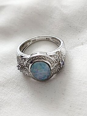 Sterling Silver Rainbow Moonstone Opal-Effect Blue Halo Ring